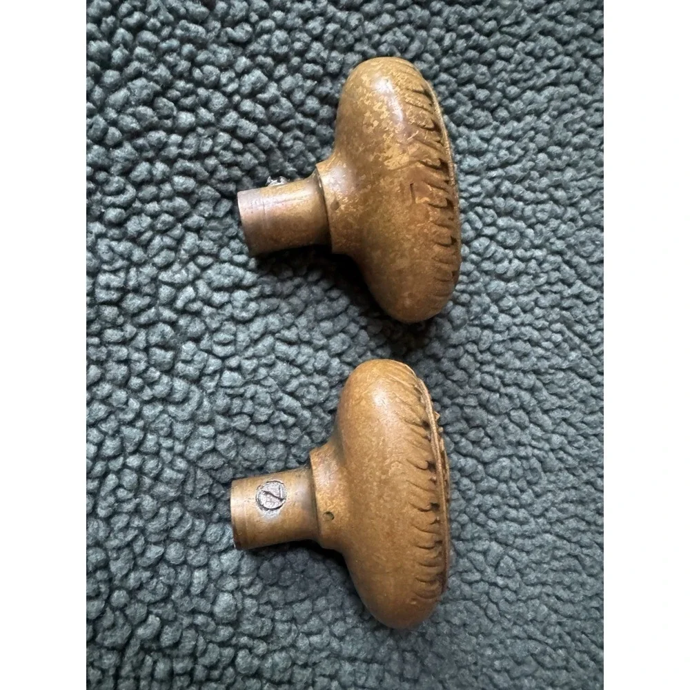Antique‎ Victorian Brass Oval Door Knobs Shield & Belt Garter Design